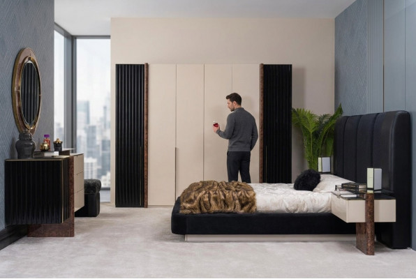 Schlofkummer Set Bett 2x Nuetsdëscher Kleederschaf Kommode Design Miwwelen