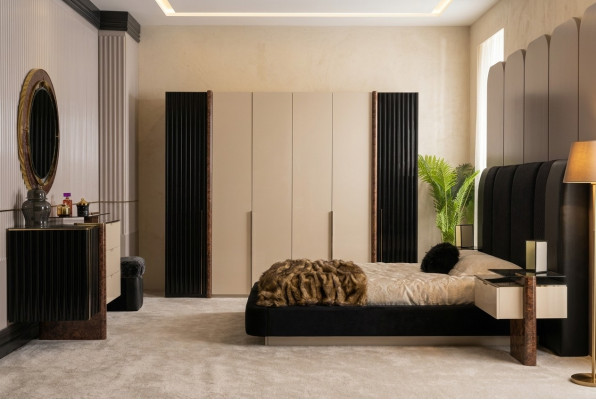 Schlofkummer Set Bett 2x Nuetsdëscher Kleederschaf Kommode Design Miwwelen