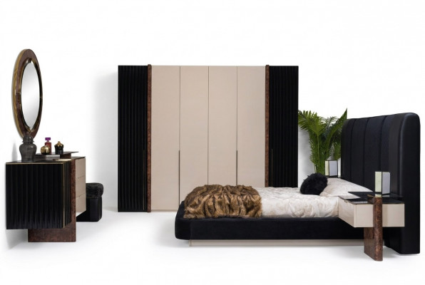 Schlofkummer Set Bett 2x Nuetsdëscher Kleederschaf Kommode Design Miwwelen