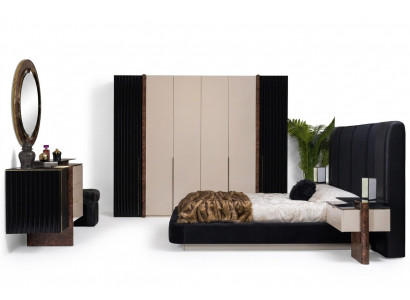 Schlofkummer Set Bett 2x Nuetsdëscher Kleederschaf Kommode Design Miwwelen