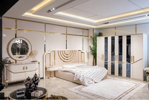 Schlofzëmmer Set Luxus Bett 2x Nuetsdësch Kleederschaf Kommod mat Spigel 5dëleg
