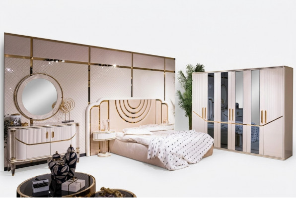 Schlofzëmmer Set Luxus Bett 2x Nuetsdësch Kleederschaf Kommod mat Spigel 5dëleg