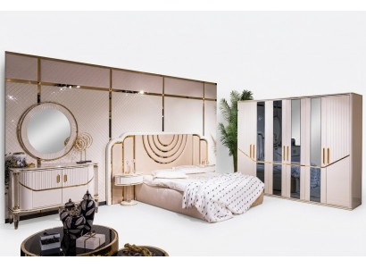 Schlofzëmmer Set Luxus Bett 2x Nuetsdësch Kleederschaf Kommod mat Spigel 5dëleg