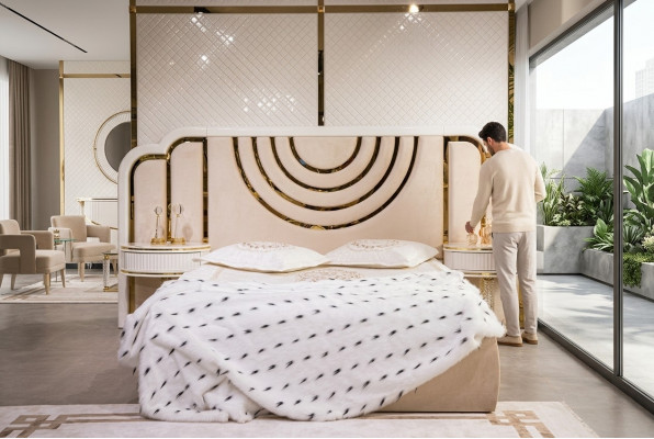 Moderne Schlofkummer Set Bett + 2x Nuetsdëscher Design Miwwelen 3 Deeler Nei
