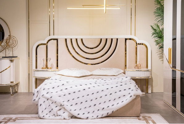 Moderne Schlofkummer Set Bett + 2x Nuetsdëscher Design Miwwelen 3 Deeler Nei