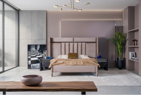 Luxus Schlofkummer Set Bett + 2x Nuetsdëscher Holz Komplett Modern Nei