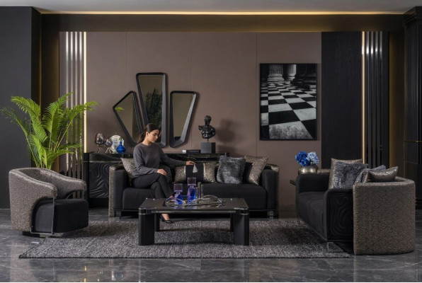 Sitzgrupp 3+3+1 Sëtzer Wunnzëmmer Set Komplett Stoff Sofa Fauteuil Holz Neit
