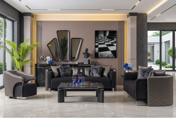 Sitzgrupp 3+3+1 Sëtzer Wunnzëmmer Set Komplett Stoff Sofa Fauteuil Holz Neit