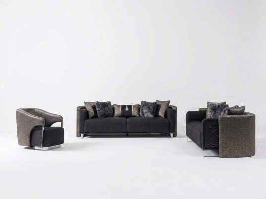 Sitzgrupp 3+3+1 Sëtzer Wunnzëmmer Set Komplett Stoff Sofa Fauteuil Holz Neit