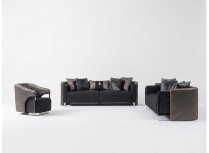 Sitzgrupp 3+3+1 Sëtzer Wunnzëmmer Set Komplett Stoff Sofa Fauteuil Holz Neit