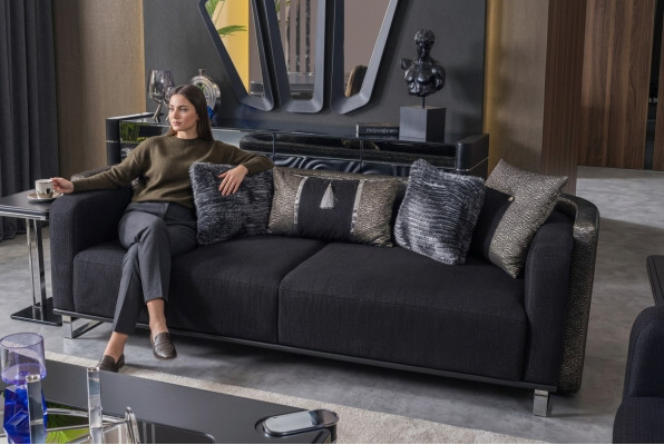 Dräisëtzer 240cm Schwaarz Luxus Couch Sofa Couchen Miwwelen Textil Stoff Samt 3er