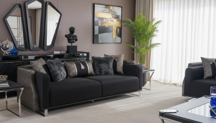 Dräisëtzer 240cm Schwaarz Luxus Couch Sofa Couchen Miwwelen Textil Stoff Samt 3er