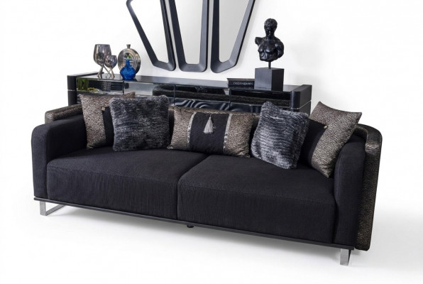 Dräisëtzer 240cm Schwaarz Luxus Couch Sofa Couchen Miwwelen Textil Stoff Samt 3er