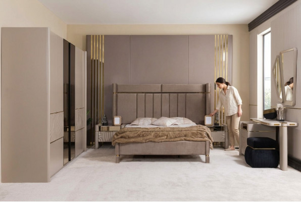 Schlofzëmmer Set Bett 2x Nuetsdësch Kleederschaf Schminktisch mat Spigel 5tlg Nei