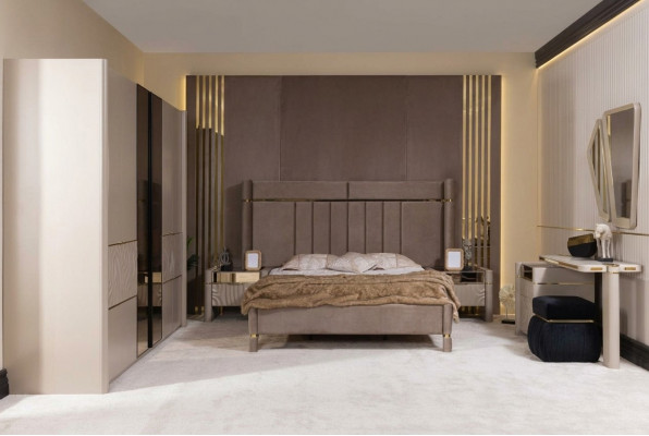 Schlofzëmmer Set Bett 2x Nuetsdësch Kleederschaf Schminktisch mat Spigel 5tlg Nei