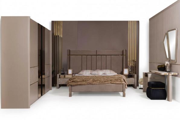 Schlofzëmmer Set Bett 2x Nuetsdësch Kleederschaf Schminktisch mat Spigel 5tlg Nei