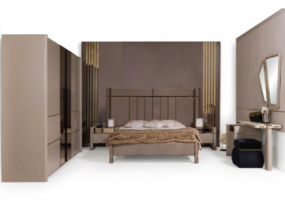 Schlofzëmmer Set Bett 2x Nuetsdësch Kleederschaf Schminktisch mat Spigel 5tlg Nei