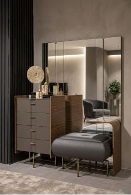 Maquillage Dësch Set Konsole Spigel Schlofkummer Miwwel Design Hocker 2-delig. Nei