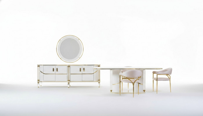 Luxus Iesszëmmer Set Iessdësch + 6x Stullen + Anrichte Iessgruppen Sideboard 8 tlg