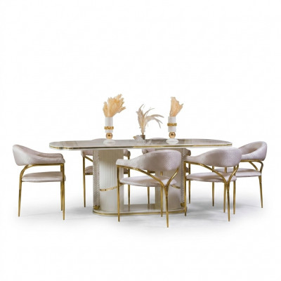 Iesszëmmer-Set Modern Iessdësch + 6x Stull Holzdësch Gepolsterten Stull 7-deelech Grupp