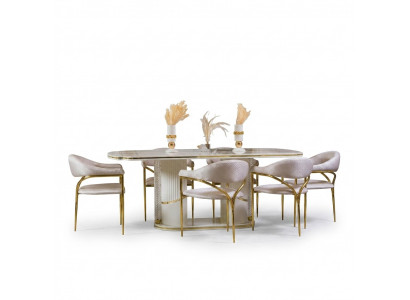 Iesszëmmer-Set Modern Iessdësch + 6x Stull Holzdësch Gepolsterten Stull 7-deelech Grupp