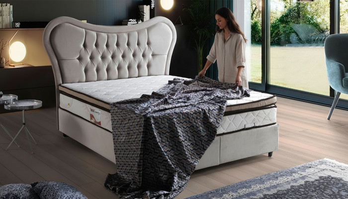 Bett Design Betten Luxus Beige Polster Schlofzëmmer Miwwelen Chesterfield 160x200