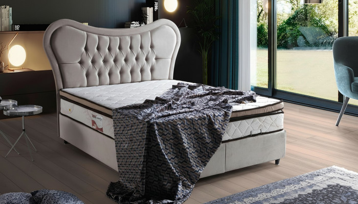 Bett Design Betten Luxus Beige Polster Schlofzëmmer Miwwelen Chesterfield 160x200