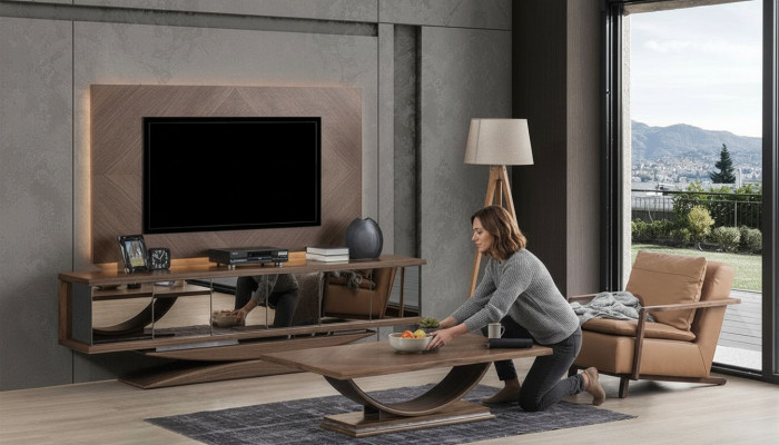 Wunnengswänn Wand Holz Modern Stil Regal Wunnzëmmer Miwwelen Schaf RTV mat TV Kader