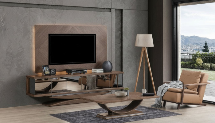 Wunnengswänn Wand Holz Modern Stil Regal Wunnzëmmer Miwwelen Schaf RTV mat TV Kader