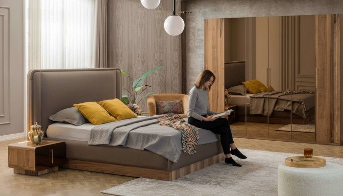 Luxus-Schlofkummer-Set Bett + 2x Nuetsdëscher + Schaf Holz Komplett Modern Nei