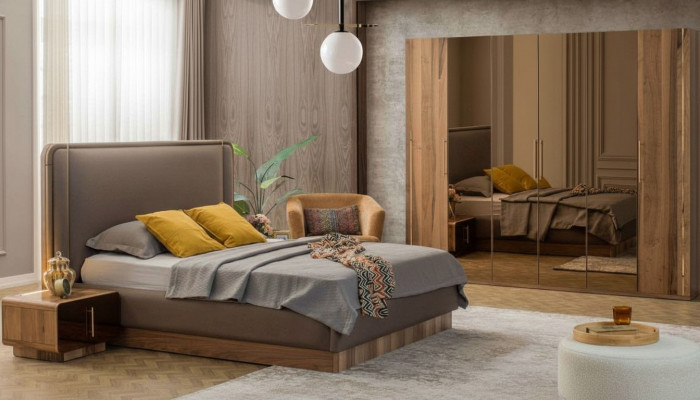 Luxus-Schlofkummer-Set Bett + 2x Nuetsdëscher + Schaf Holz Komplett Modern Nei