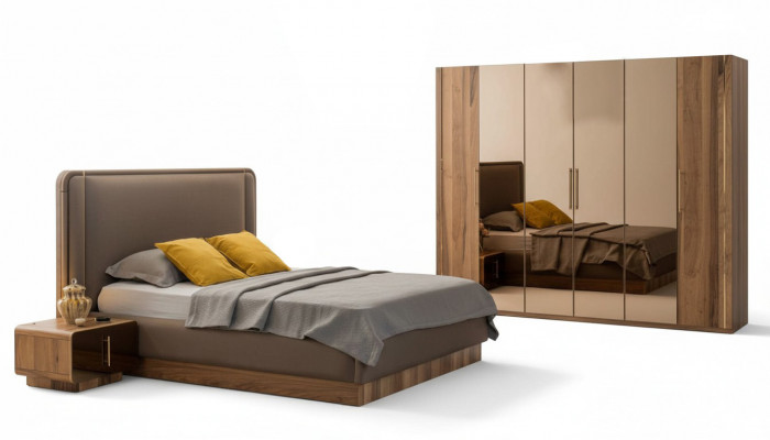 Luxus-Schlofkummer-Set Bett + 2x Nuetsdëscher + Schaf Holz Komplett Modern Nei