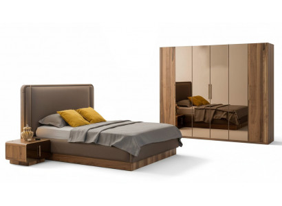 Luxus-Schlofkummer-Set Bett + 2x Nuetsdëscher + Schaf Holz Komplett Modern Nei
