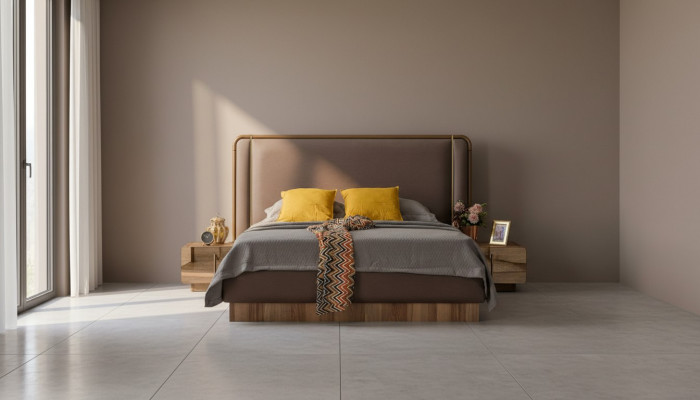 Moderne Schlofkummer Set Bett + 2x Nuetsdëscher Design Miwwelen Nei 3 teileg.