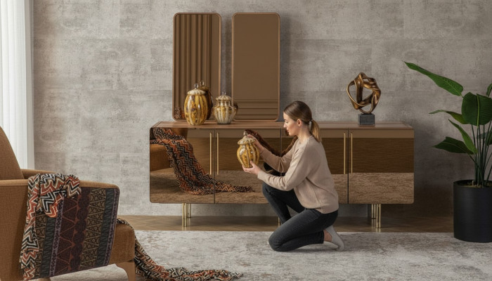 Säitendësch mat 2x Spigel Anrichte Luxus Garnitur Kommode Holz Kommoden Modern