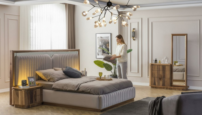 Moderne Schlofkummer Set Bett + 2x Nuetsdëscher + Kommode mat Spigel Modern