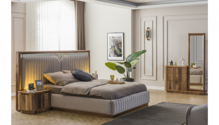 Moderne Schlofkummer Set Bett + 2x Nuetsdëscher + Kommode mat Spigel Modern