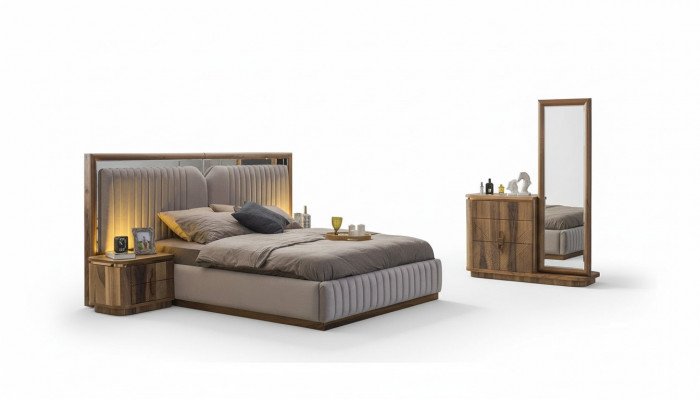Moderne Schlofkummer Set Bett + 2x Nuetsdëscher + Kommode mat Spigel Modern
