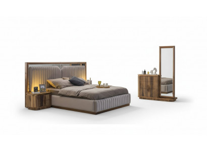 Moderne Schlofkummer Set Bett + 2x Nuetsdëscher + Kommode mat Spigel Modern