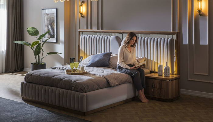 Luxus Schlofzëmmer Set Bett + 2x Nuetsdëscher Holz Komplett Modern