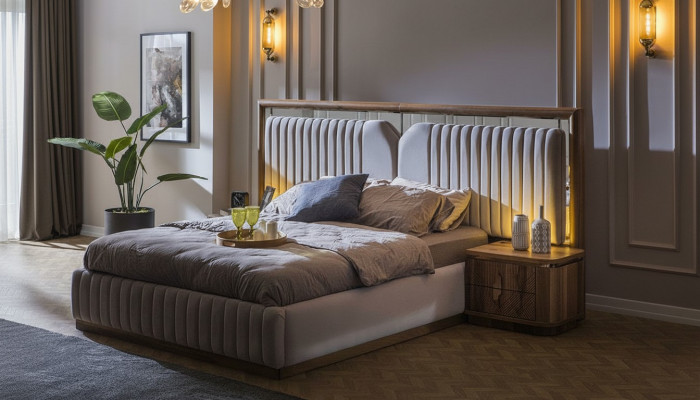 Luxus Schlofzëmmer Set Bett + 2x Nuetsdëscher Holz Komplett Modern