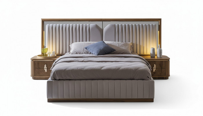 Luxus Schlofzëmmer Set Bett + 2x Nuetsdëscher Holz Komplett Modern