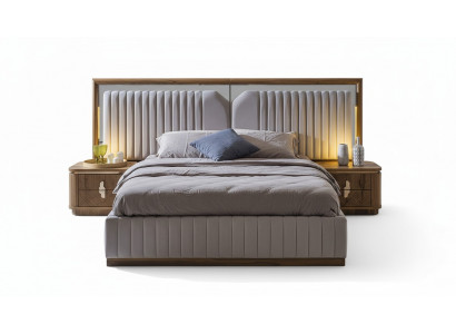 Luxus Schlofzëmmer Set Bett + 2x Nuetsdëscher Holz Komplett Modern