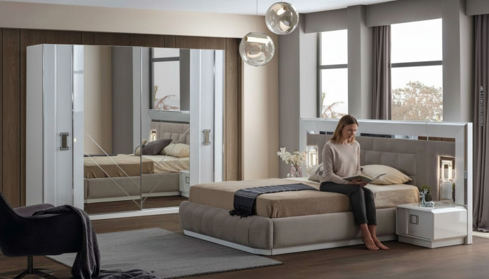 Schlofzëmmer Komplettset Bett 2x Nuetsdësch Kleederschaf Neit Design 4 Deeler.