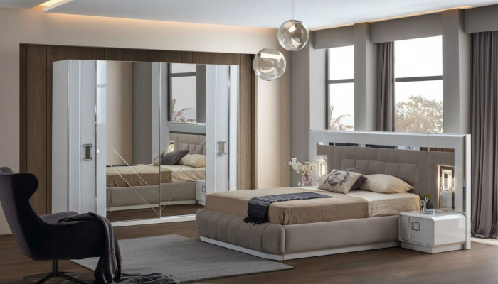 Schlofzëmmer Komplettset Bett 2x Nuetsdësch Kleederschaf Neit Design 4 Deeler.