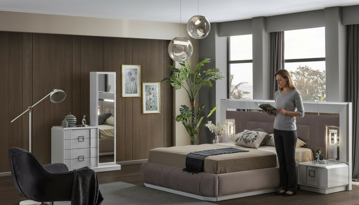 Modern Schlofzëmmer Set Bett + 2x Nuetsdëscher + Kommode mat Spigel Luxus Nei