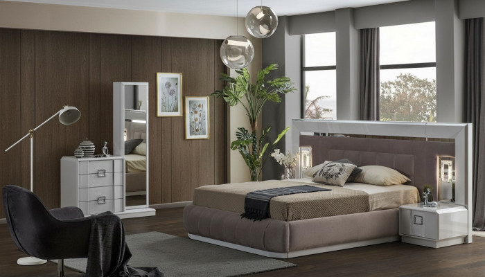 Modern Schlofzëmmer Set Bett + 2x Nuetsdëscher + Kommode mat Spigel Luxus Nei