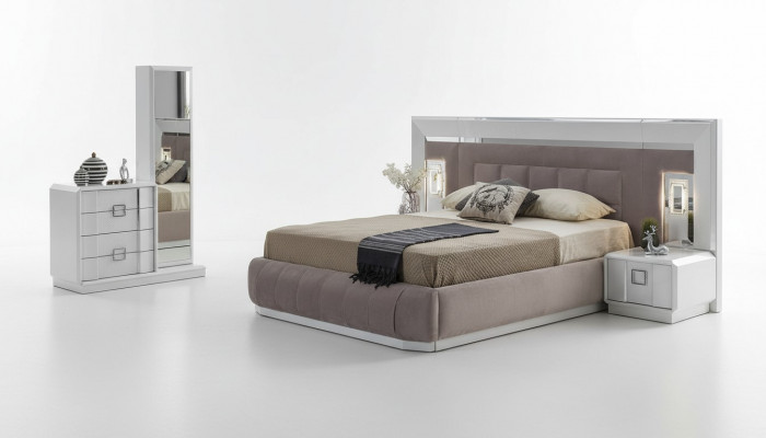 Modern Schlofzëmmer Set Bett + 2x Nuetsdëscher + Kommode mat Spigel Luxus Nei