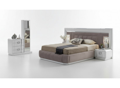 Modern Schlofzëmmer Set Bett + 2x Nuetsdëscher + Kommode mat Spigel Luxus Nei