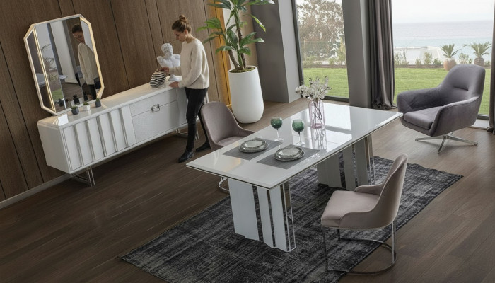 Luxus Iesszëmmer Set Iessdësch + 6x Still + Säiteboard mat Spigel Modern Komplett